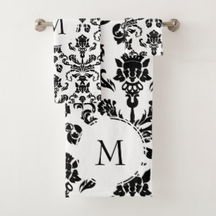 Monogramm der modernen schwarzen Damask Badhandtuch Set