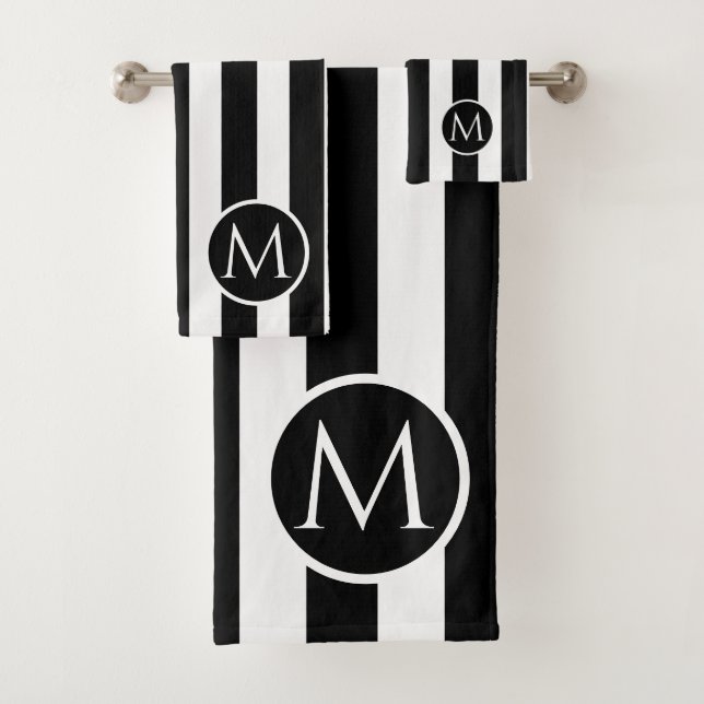 Monogramm der modernen schwarzen und weißen Streif Badhandtuch Set (Insitu)