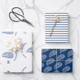 Monogramm der Nautic Oyster-Muschel mit Name Date Geschenkpapier Set