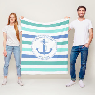 Monogramm der Nautical Anchor Blue Aqua Stripe Fleecedecke