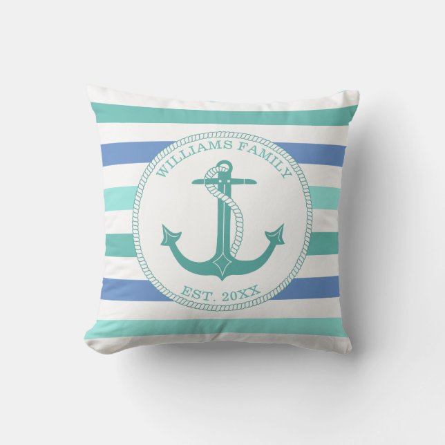 Monogramm der Nautical Anchor Seafoam Stripe-Famil Kissen (Vorderseite)