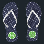 Monogramm der Navy und der grünen Tiny Dots Flip Flops<br><div class="desc">Maßgeschneiderte gedreht Flop Sandalen mit einem niedlichen gürtelförmigen Polka-Punktmuster und einem eigenen Monogramm oder einem anderen Text in einem Kreisrahmen. Klicken Sie auf Anpassen,  um Schriftart und Farben zu ändern oder eigene Bilder hinzuzufügen,  um ein einzigartiges Design zu erstellen!</div>