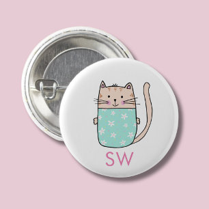 Monogramm der niedlichen floralen Katzen Button