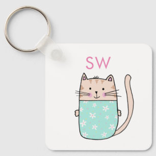 Monogramm der niedlichen floralen Katzen Schlüsselanhänger