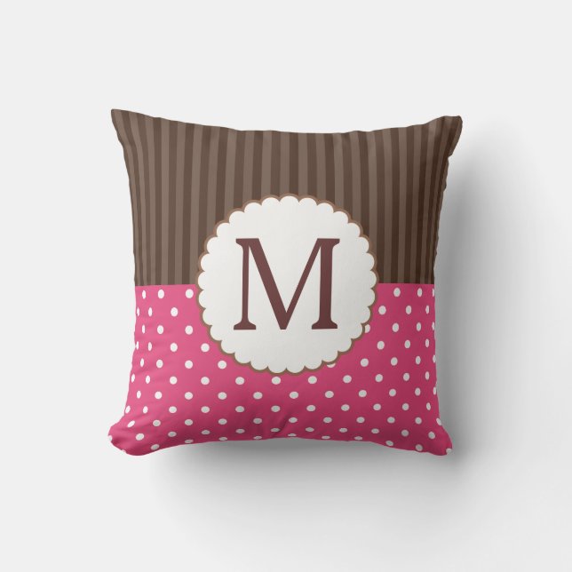 Monogramm der rosa und braunen Polka-Dosen Kissen (Vorderseite)