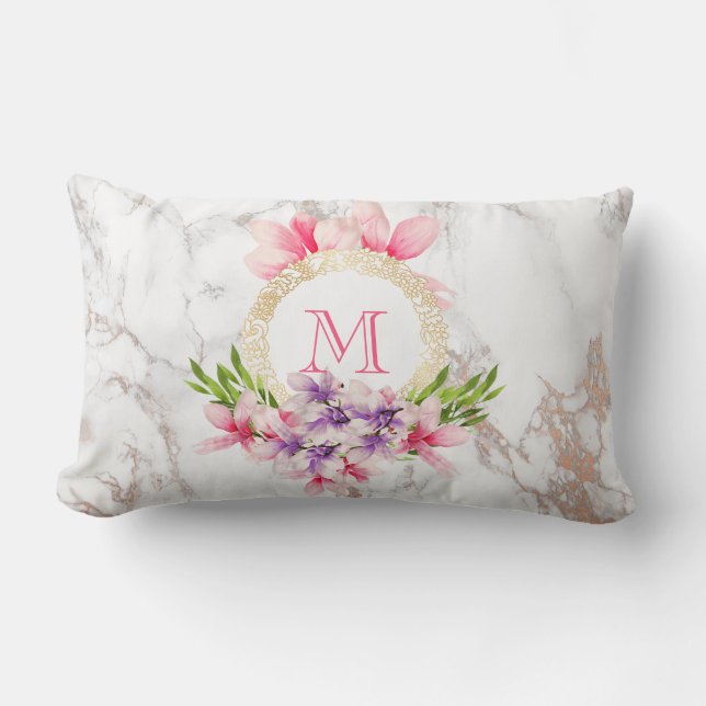 Monogramm der rosa und der Lila Blume Lendenkissen (Vorderseite)