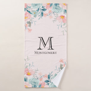Monogramm der rosa und grünen Blumenrinnen Badhandtuch Set