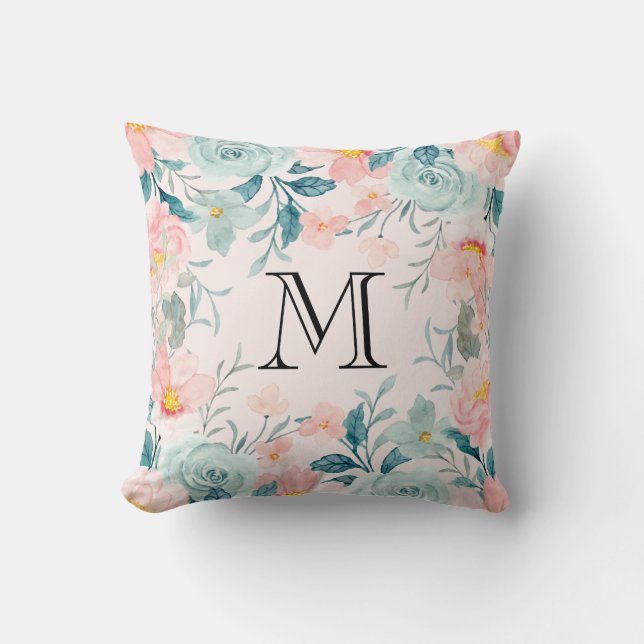 Monogramm der rosa und grünen Blumenrinnen Kissen (Vorderseite)