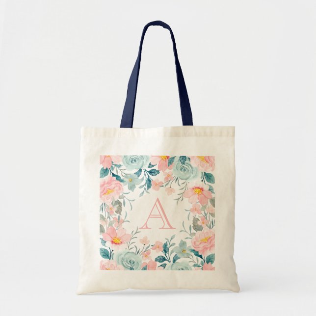 Monogramm der rosa und grünen Blumenrinnen Tragetasche (Vorne)
