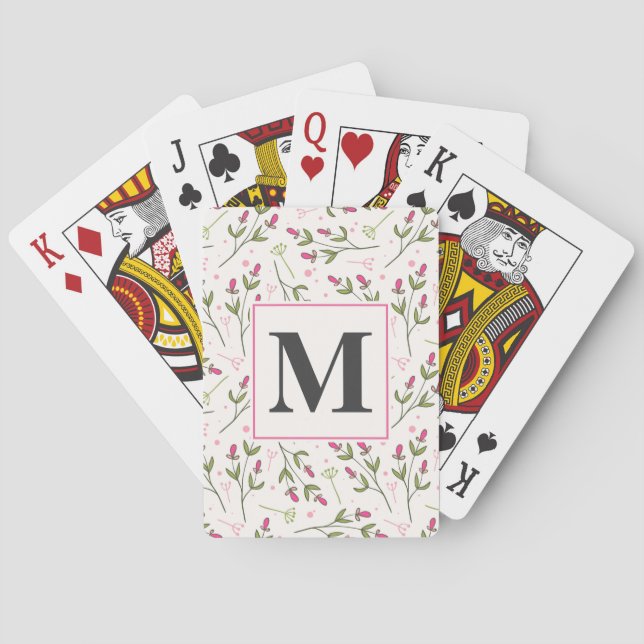 Monogramm der rosa und grünen Wildblumen Spielkarten (Rückseite)