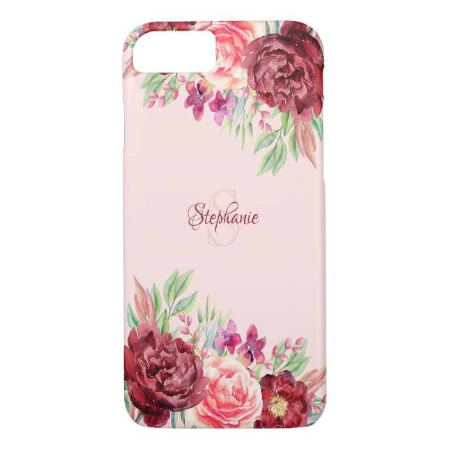 Monogramm der Rose Burgund Peach Blush Floral Case-Mate iPhone Hülle (Rückseite)