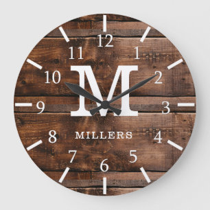 Monogramm der Rustikalen dunkelbraunen Holzfamilie Große Wanduhr