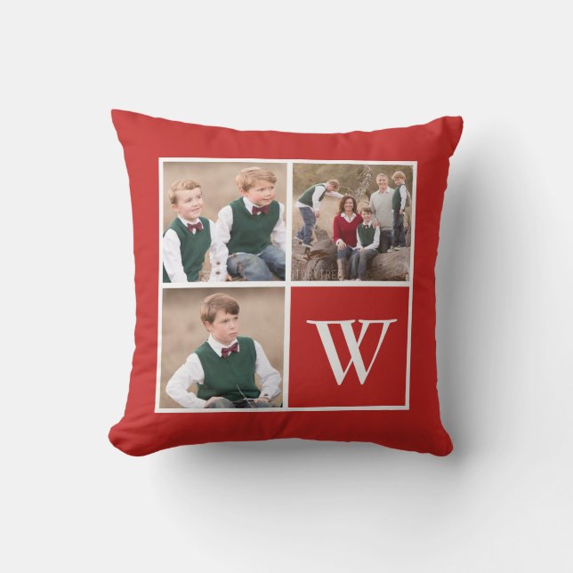 Monogramm der Schwarzweiß-3-FotoCollage-Familie Kissen (Vorderseite)