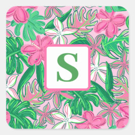 Monogramm der tropischen Blume Rosa grüne, grüne P Quadratischer Aufkleber
