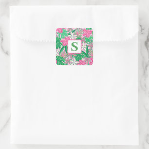 Monogramm der tropischen Blume Rosa grüne, grüne P Quadratischer Aufkleber