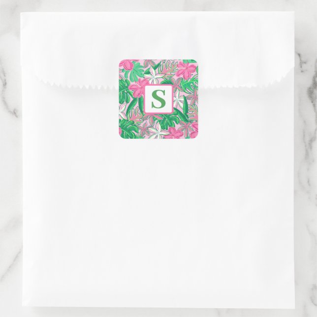 Monogramm der tropischen Blume Rosa grüne, grüne P Quadratischer Aufkleber (Tasche)