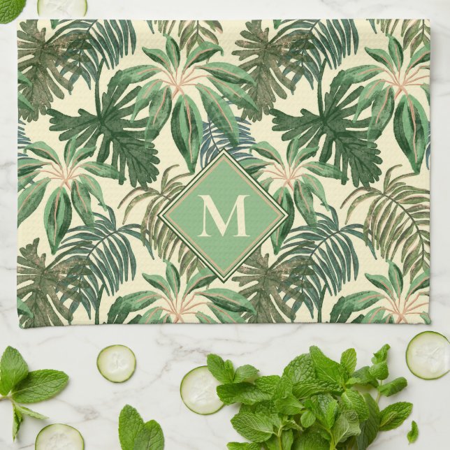 Monogramm der tropischen Palm-Blätter Geschirrtuch (Gefaltet)