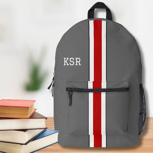 Monogramm der Uni Rot und Grau Streifen Bedruckter Rucksack (Von Creator hochgeladen)