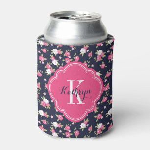 Monogramm der Vintagen Blumen für Navy und Pink Dosenkühler