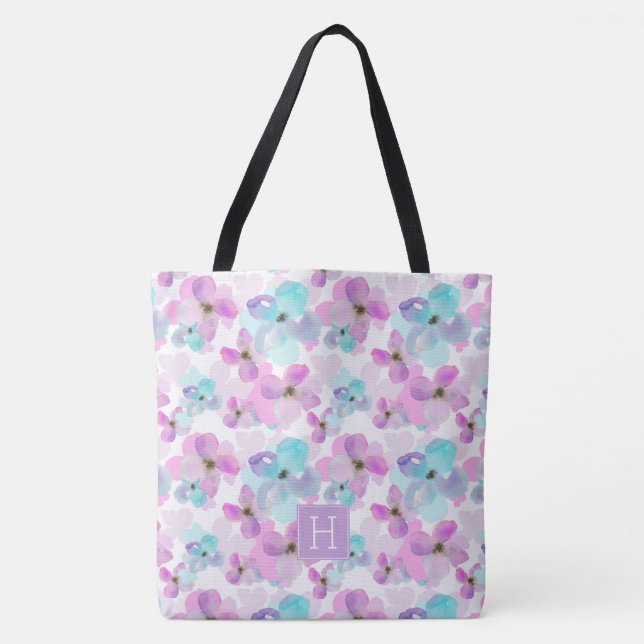 Monogramm der Wasserfarben-Blume Tasche (Vorderseite)