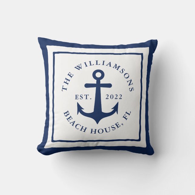 Monogramm der weißen Navy Blue Nautical Anchor-Fam Kissen (Vorderseite)
