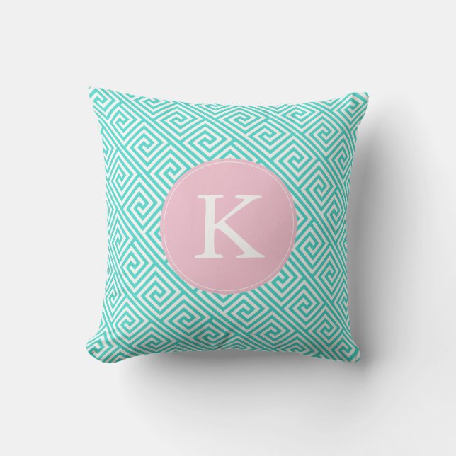 Monogramm des Aqua- und Pink-griechischen Schlüsse Kissen (Vorderseite)
