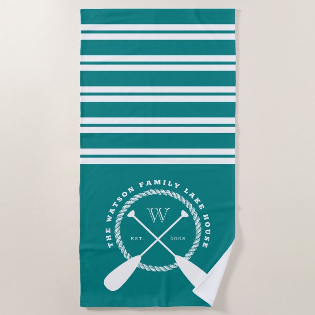 Monogramm des Aquamarinen White Nautic Lake House Strandtuch (Vorderseite)