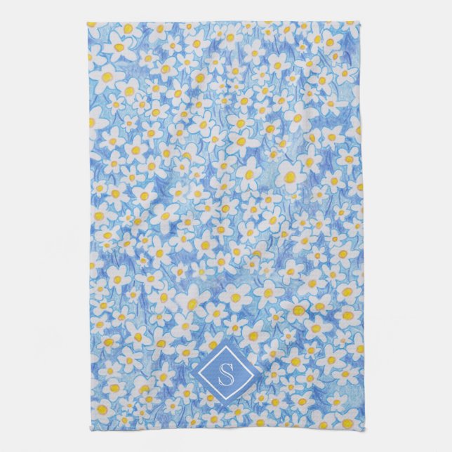 Monogramm des blauen Daisy-Muster Geschirrtuch (Vertikal)