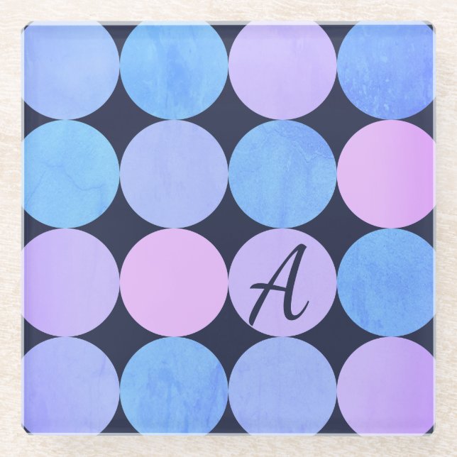 Monogramm des blauen Lila und rosa Kreises Glasuntersetzer (Vorderseite)