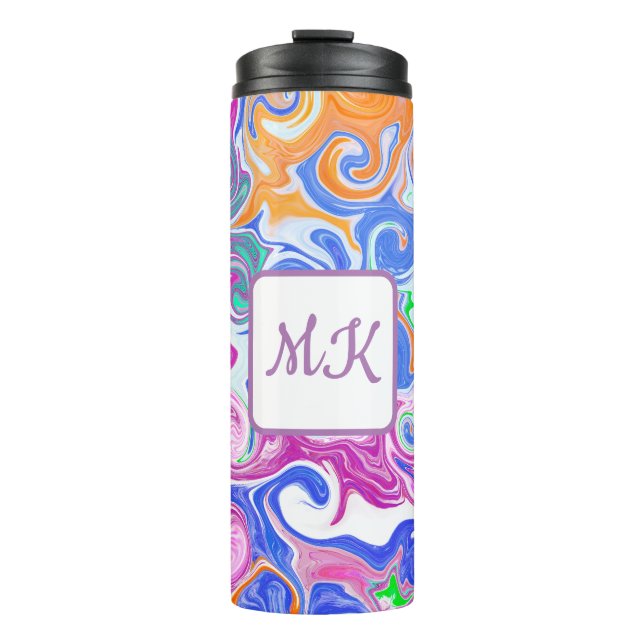 Monogramm des blauen, orangen, Lila und Aquamarine Thermosbecher (Vorderseite)