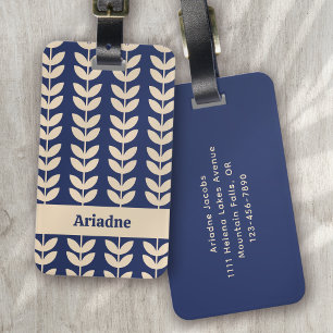 Monogramm des blauen Retro-Vibe-Leaf-Musters Gepäckanhänger