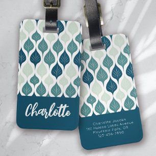 Monogramm des blauen Retro-Vibe-Leaf-Musters Gepäckanhänger