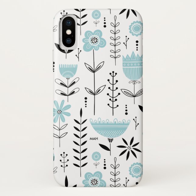 Monogramm des blauen skandinavischen Blumenmusters Case-Mate iPhone Hülle (Rückseite)