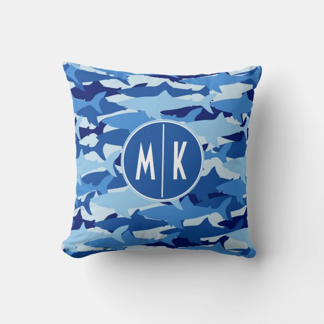 Monogramm des blauer Haifisch-Muster-| Kissen (Vorderseite)