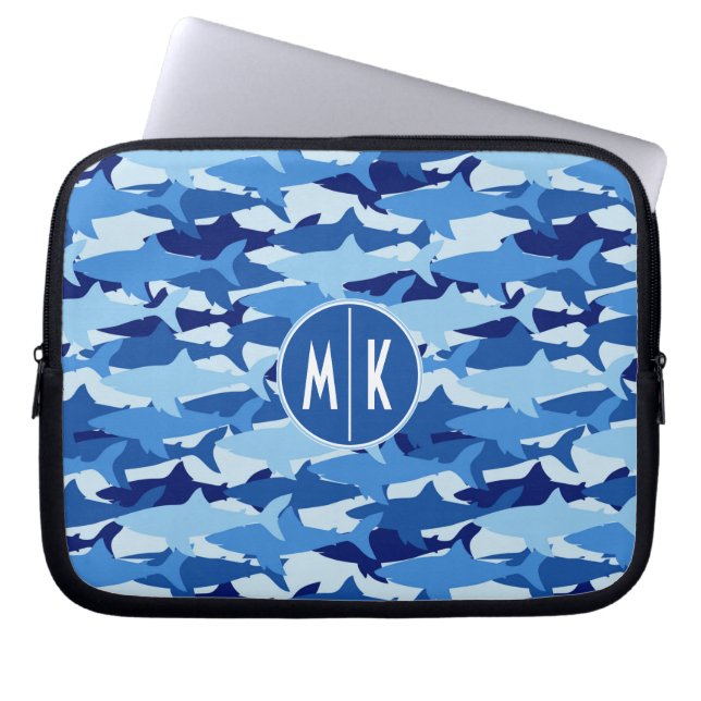 Monogramm des blauer Haifisch-Muster-| Laptopschutzhülle (Vorderseite)