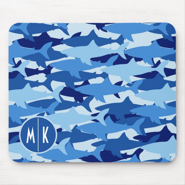 Monogramm des blauer Haifisch-Muster-| Mousepad (Vorne)
