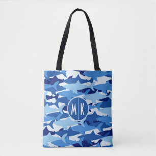 Monogramm des blauer Haifisch-Muster-  Tasche