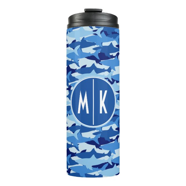 Monogramm des blauer Haifisch-Muster-| Thermosbecher (Vorderseite)