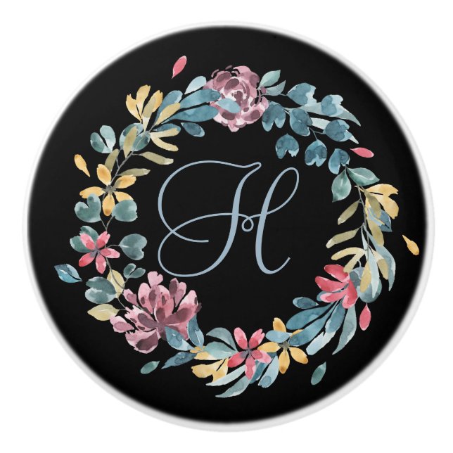 Monogramm des Blumenkrons (blau und rosa) Keramikknauf (Vorderseite)