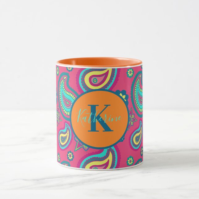 Monogramm des Bohemisch rosa Paisley-Muster-Indivi Tasse (Zentrum)
