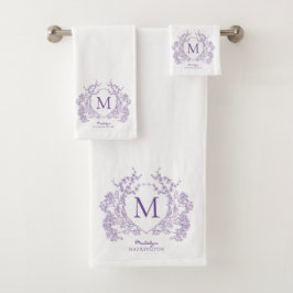 Monogramm des botanischen Violett-Wappen Badhandtuch Set
