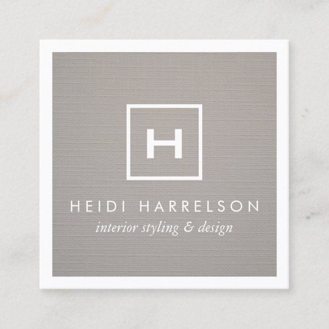 Monogramm des Box-Logos auf grauem Linen/weißem Ra Quadratische Visitenkarte (Vorderseite)
