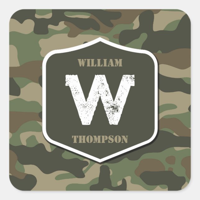 Monogramm des Camouflage Green Camouflage Arms Quadratischer Aufkleber (Vorderseite)