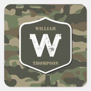 Monogramm des Camouflage Green Camouflage Arms Quadratischer Aufkleber