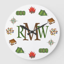 Monogramm des Camping-S'mores-Feuerkompass Große Wanduhr