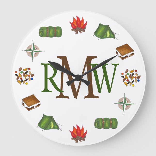 Monogramm des Camping-S'mores-Feuerkompass Große Wanduhr (Vorderseite)