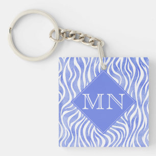 Monogramm des Denim-blaues Aquarellzebra-Druck-  Schlüsselanhänger