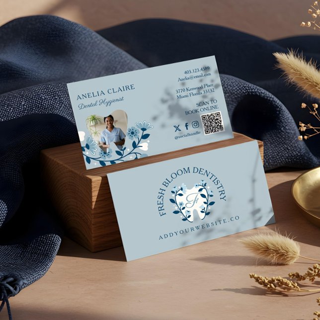 Monogramm des eleganten Blütenstollen-Logo-Monogra Visitenkarte (Elegant Floral Blooming Dental Tooth Logo Monogram Business Card)