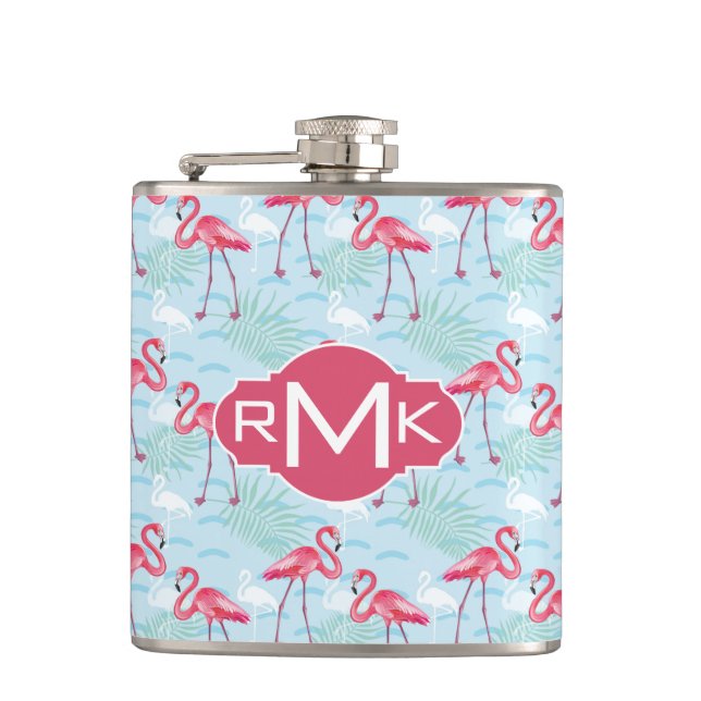 Monogramm des Flamingo-Muster-| Flachmann (Vorderseite)
