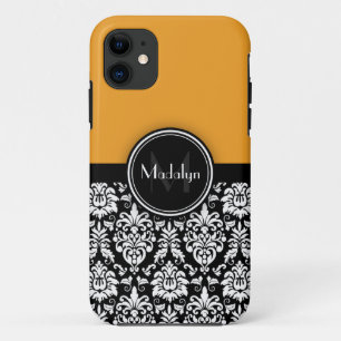 Monogramm des Gelben Schwarz-weißen Damastes Case-Mate iPhone Hülle